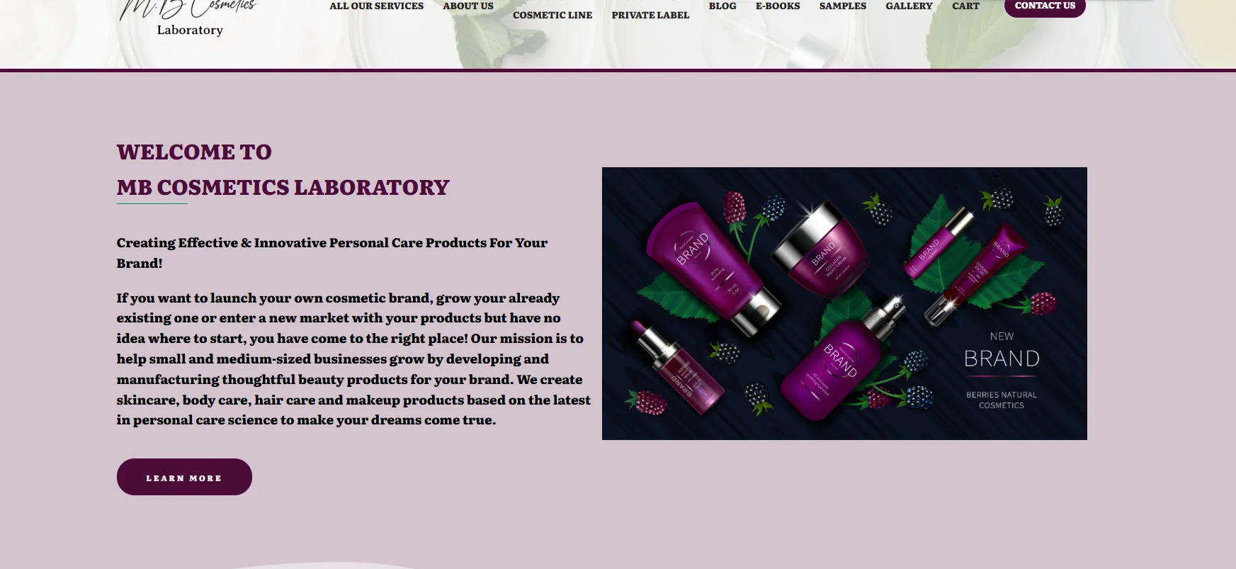 MB Cosmetics Laboratory homepage with welcome message and purple cosmetic product imagery featuring berry-themed design.